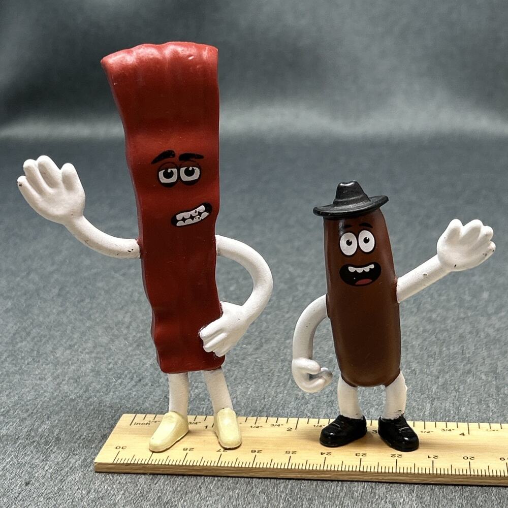 2pc Denny's Restaurant Grand Slam Breakfast BACON GUY & Sausage Bendy Figure PVC